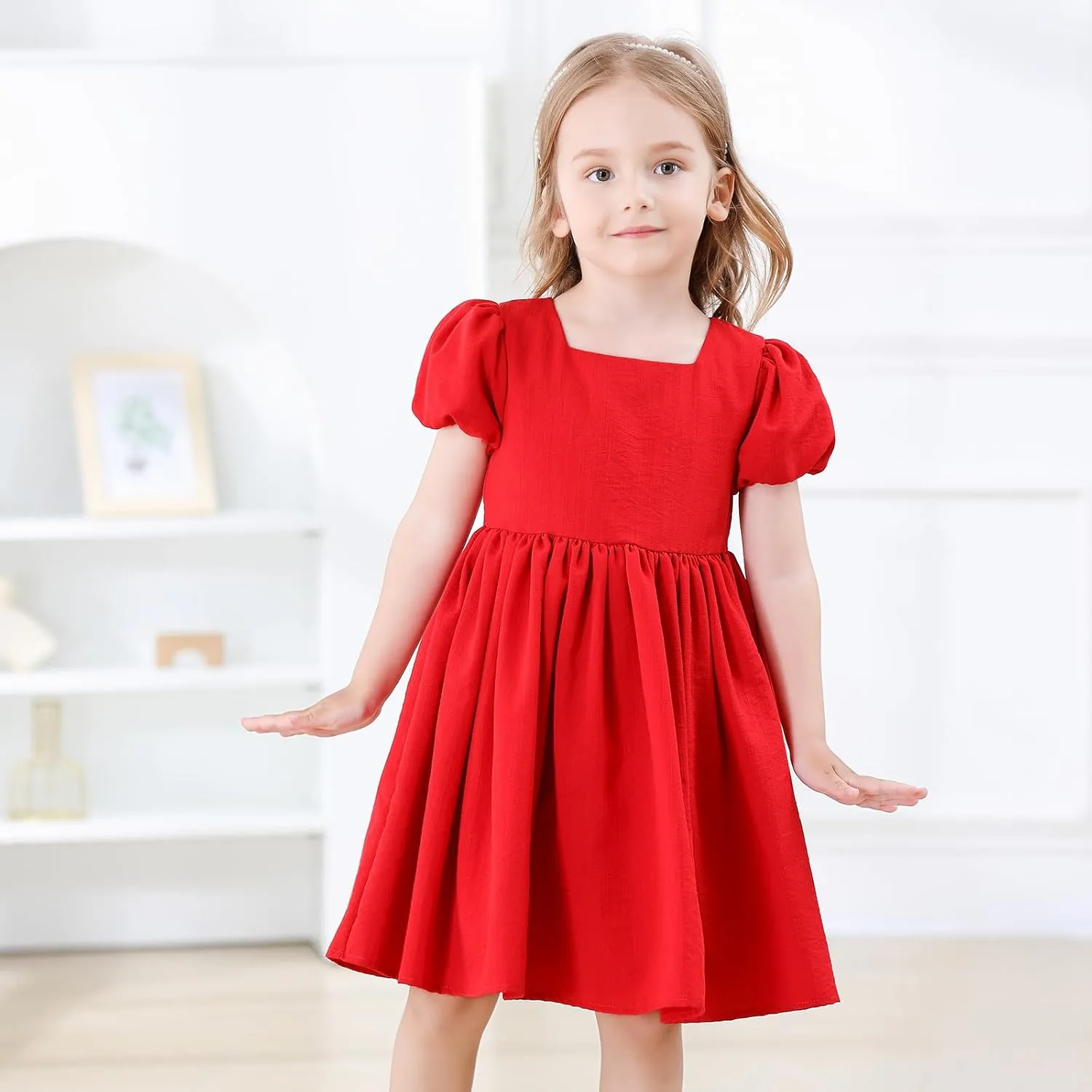 KARETT Toddler Girl Dress Vintage Dress Little Girls Cotton Puff Short Sleeve Kids Swing Casual Elegant Formal Dress