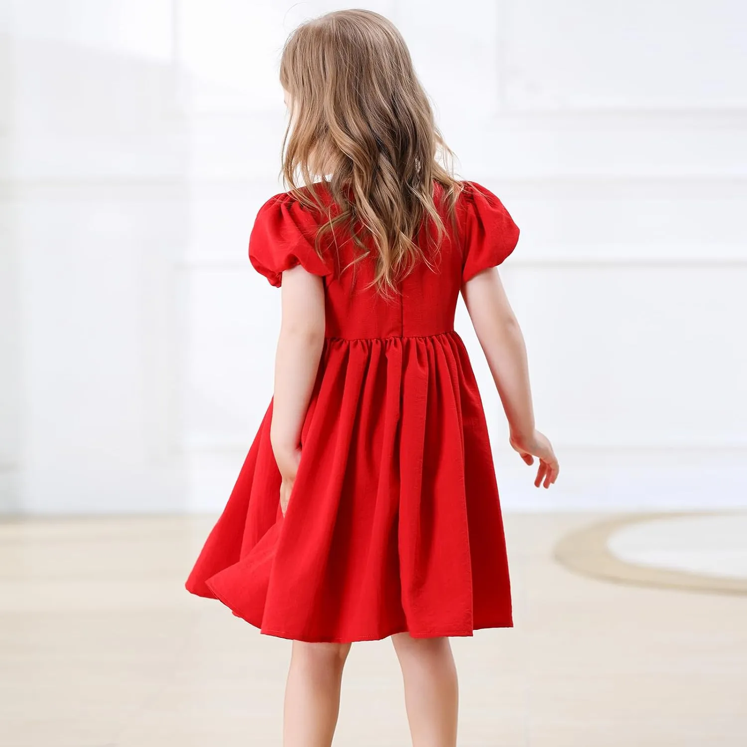 KARETT Toddler Girl Dress Vintage Dress Little Girls Cotton Puff Short Sleeve Kids Swing Casual Elegant Formal Dress