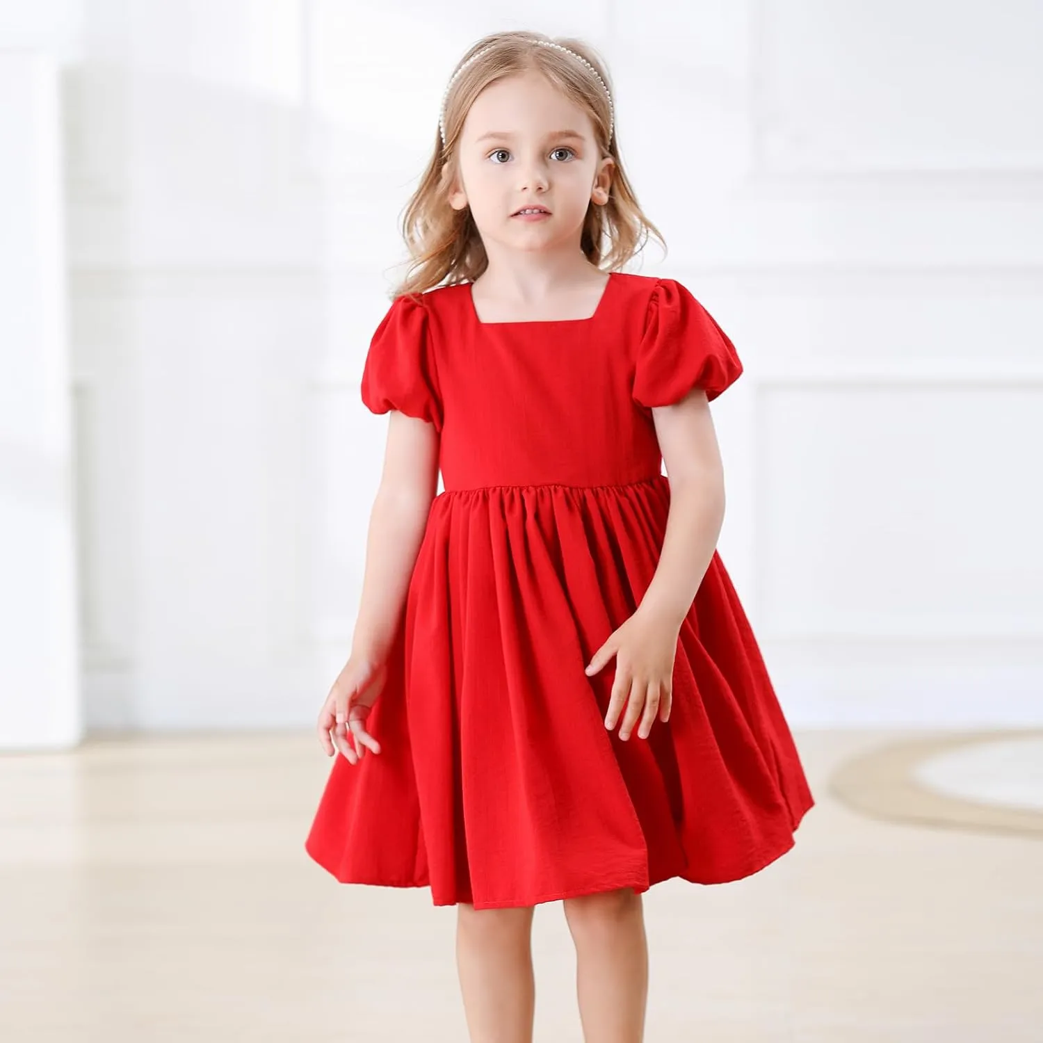 KARETT Toddler Girl Dress Vintage Dress Little Girls Cotton Puff Short Sleeve Kids Swing Casual Elegant Formal Dress