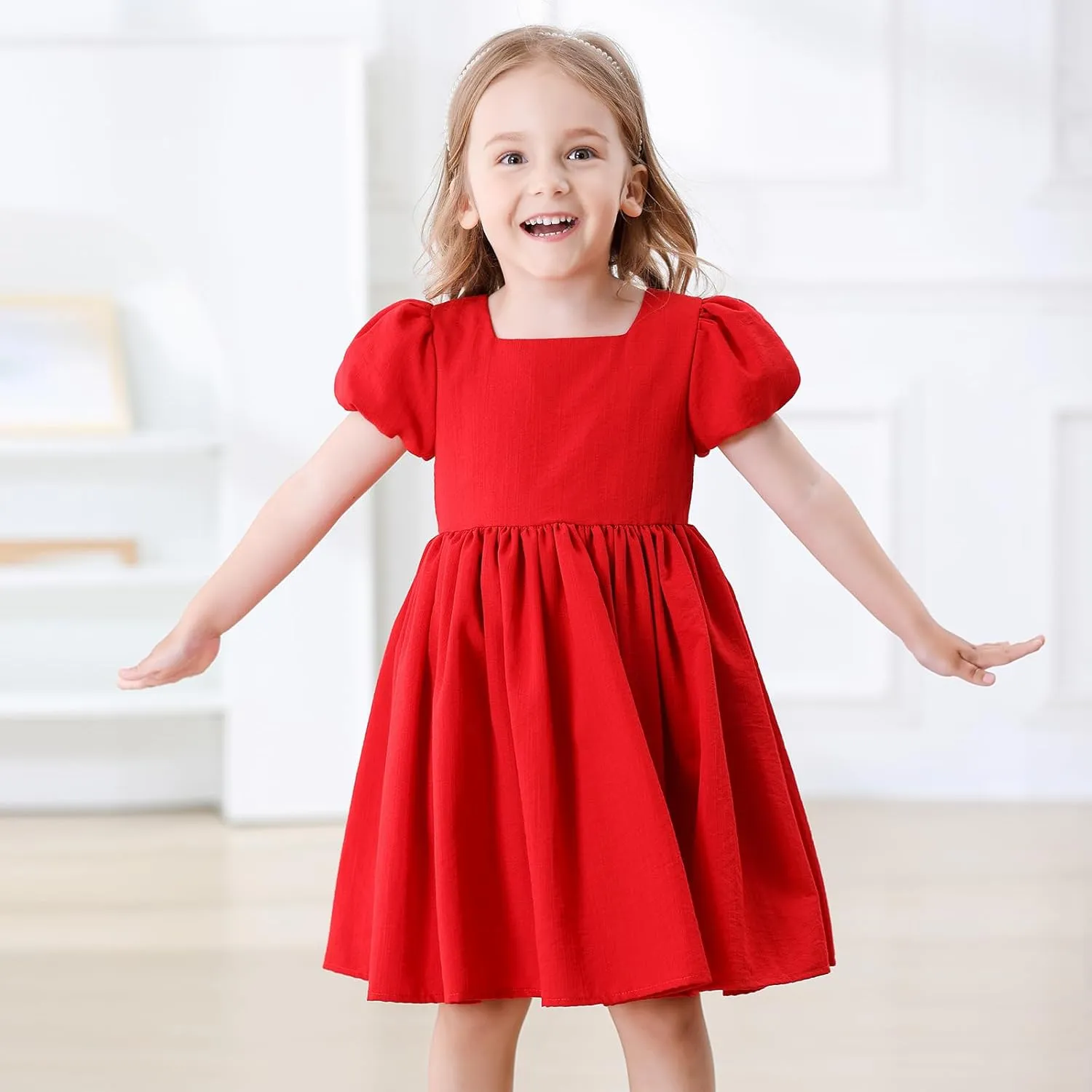 KARETT Toddler Girl Dress Vintage Dress Little Girls Cotton Puff Short Sleeve Kids Swing Casual Elegant Formal Dress