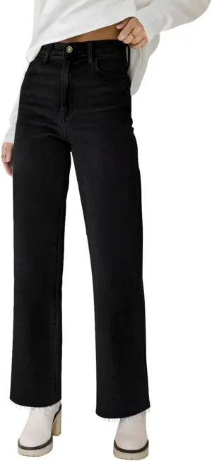 KDF Straight Leg Jeans for Women High Waisted Jeans Frayed Baggy Pants Raw Hem Loose Stretchy Cropped Wide Leg Jeans Black Size 4
