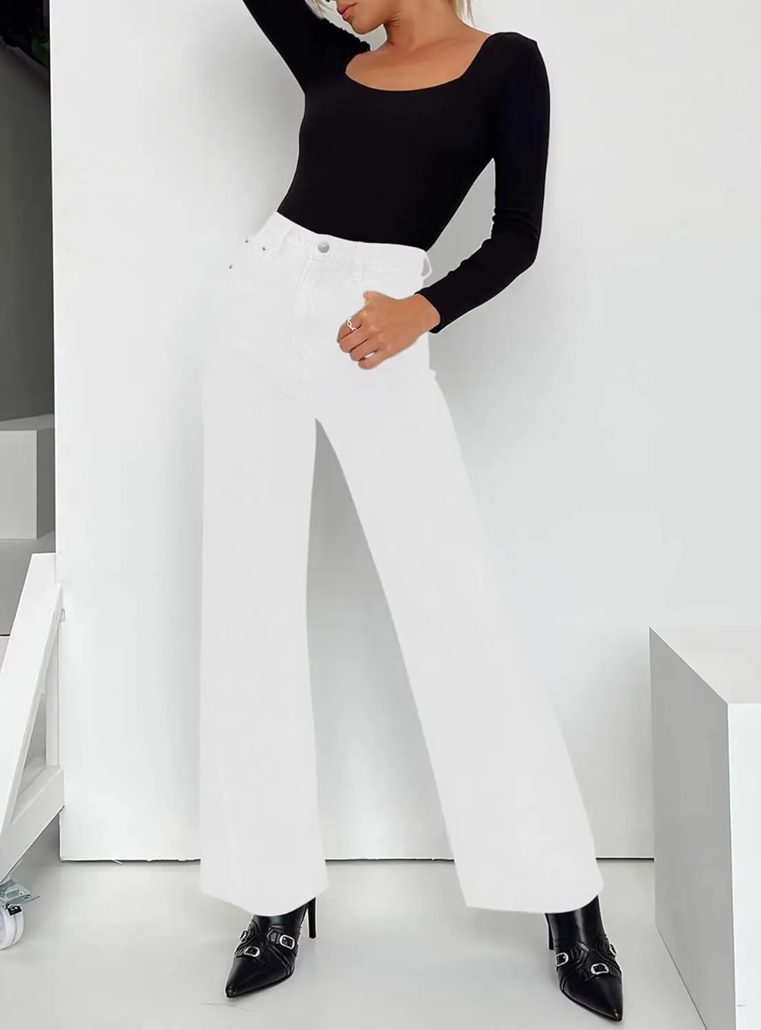 KDF Straight Leg Jeans for Women High Waisted Jeans Frayed Baggy Pants Raw Hem Loose Stretchy Cropped Wide Leg Jeans