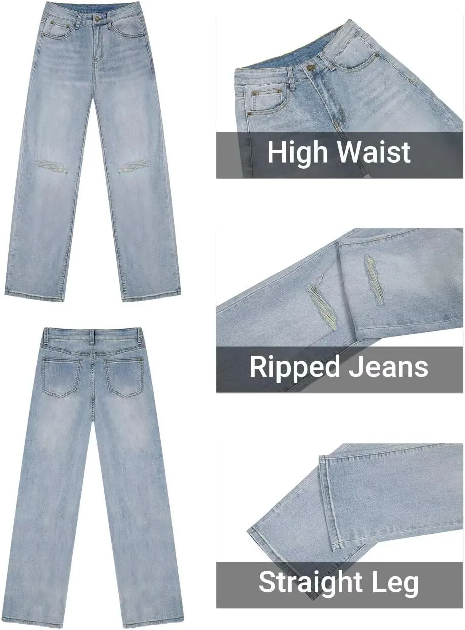 KDF Straight Leg Jeans for Women High Waisted Jeans Frayed Baggy Pants Raw Hem Loose Stretchy Cropped Wide Leg Jeans