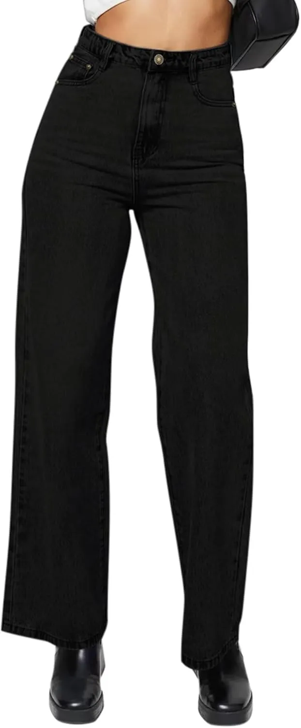 KDF Straight Leg Jeans for Women High Waisted Jeans Frayed Baggy Pants Raw Hem Loose Stretchy Cropped Wide Leg Jeans