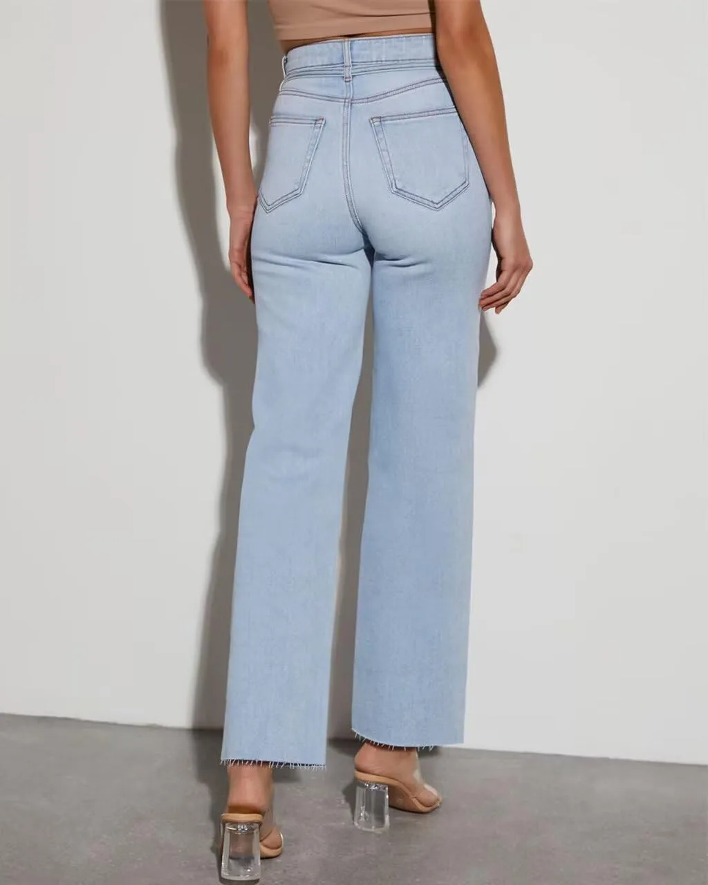 KDF Straight Leg Jeans for Women High Waisted Jeans Frayed Baggy Pants Raw Hem Loose Stretchy Cropped Wide Leg Jeans
