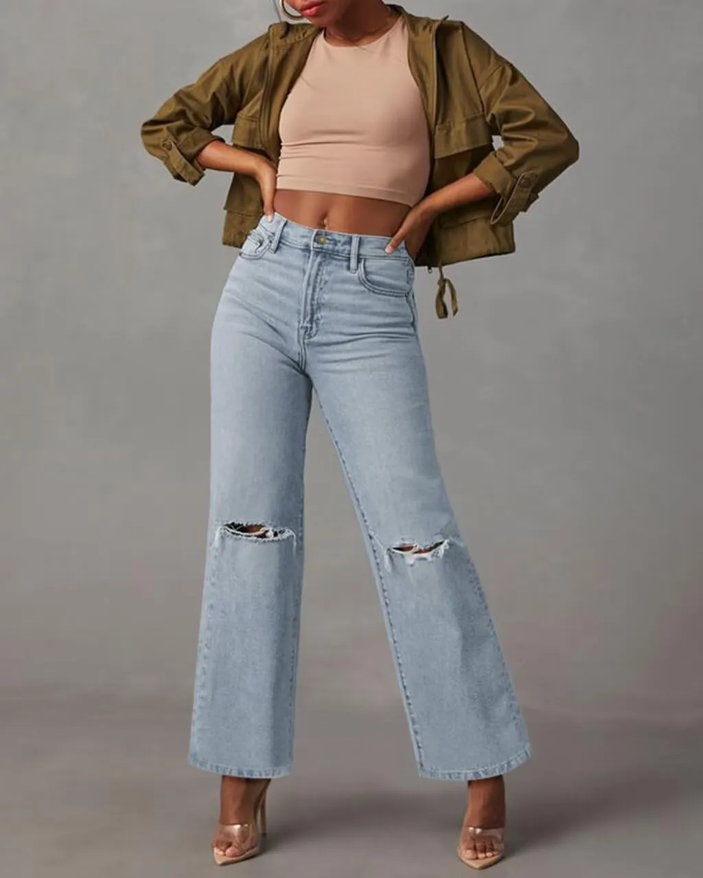 KDF Straight Leg Jeans for Women High Waisted Jeans Frayed Baggy Pants Raw Hem Loose Stretchy Cropped Wide Leg Jeans