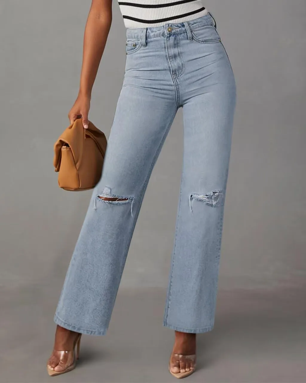 KDF Straight Leg Jeans for Women High Waisted Jeans Frayed Baggy Pants Raw Hem Loose Stretchy Cropped Wide Leg Jeans