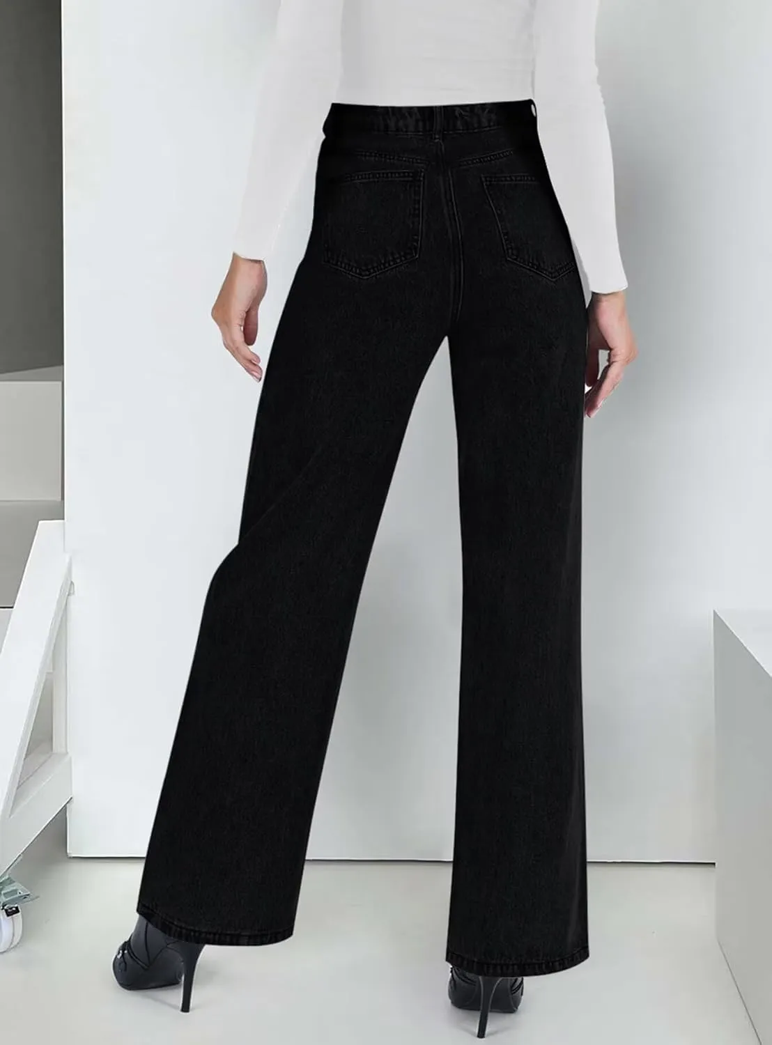 KDF Straight Leg Jeans for Women High Waisted Jeans Frayed Baggy Pants Raw Hem Loose Stretchy Cropped Wide Leg Jeans