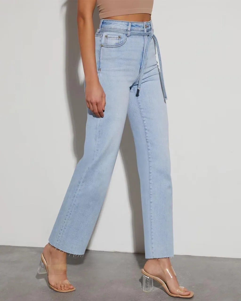 KDF Straight Leg Jeans for Women High Waisted Jeans Frayed Baggy Pants Raw Hem Loose Stretchy Cropped Wide Leg Jeans