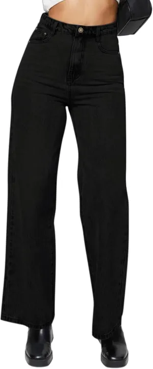 KDF Straight Leg Jeans for Women High Waisted Jeans Frayed Baggy Pants Raw Hem Loose Stretchy Cropped Wide Leg Jeans