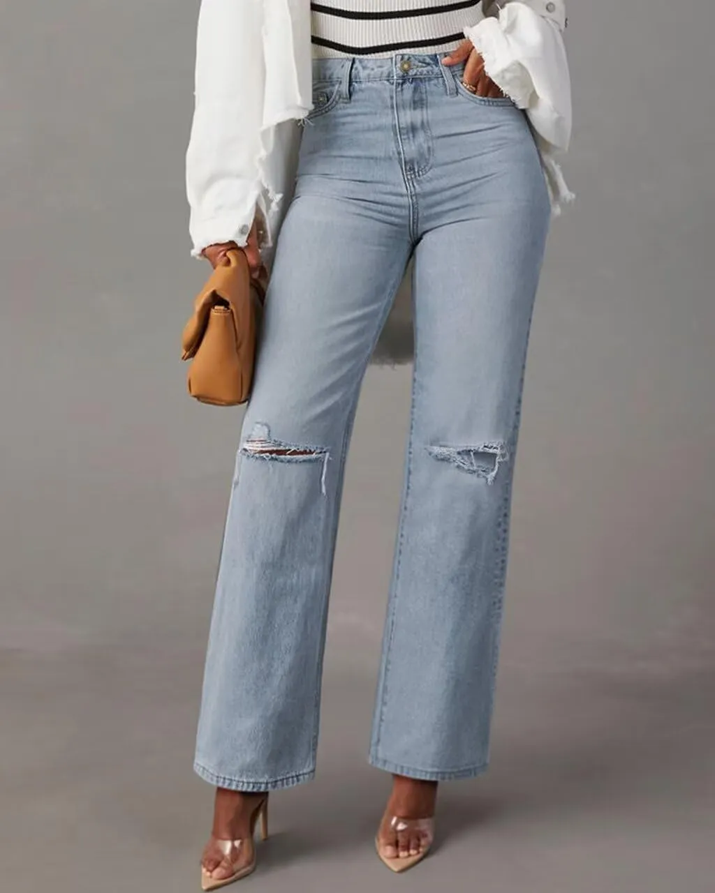 KDF Straight Leg Jeans for Women High Waisted Jeans Frayed Baggy Pants Raw Hem Loose Stretchy Cropped Wide Leg Jeans