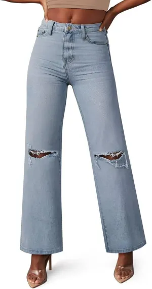 KDF Straight Leg Jeans for Women High Waisted Jeans Frayed Baggy Pants Raw Hem Loose Stretchy Cropped Wide Leg Jeans