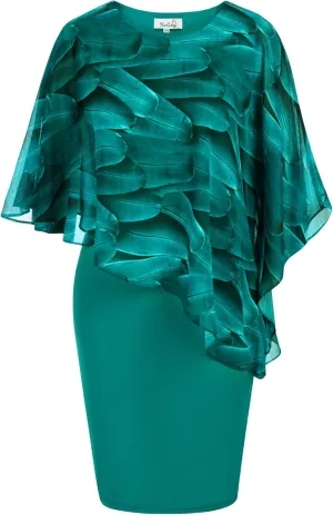 KIMCURVY Plus Size Cape Dress for Women Pencil Dress with Chiffon Overlay Wedding Cocktail Party Midi Dress