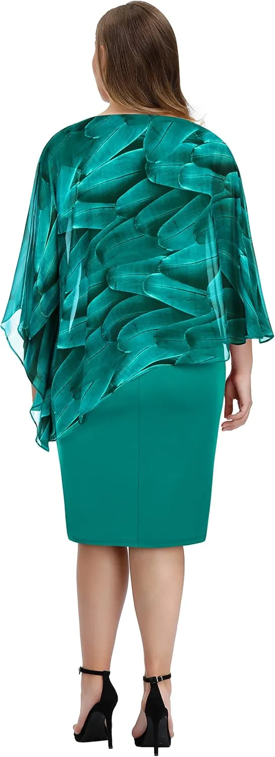 KIMCURVY Plus Size Cape Dress for Women Pencil Dress with Chiffon Overlay Wedding Cocktail Party Midi Dress