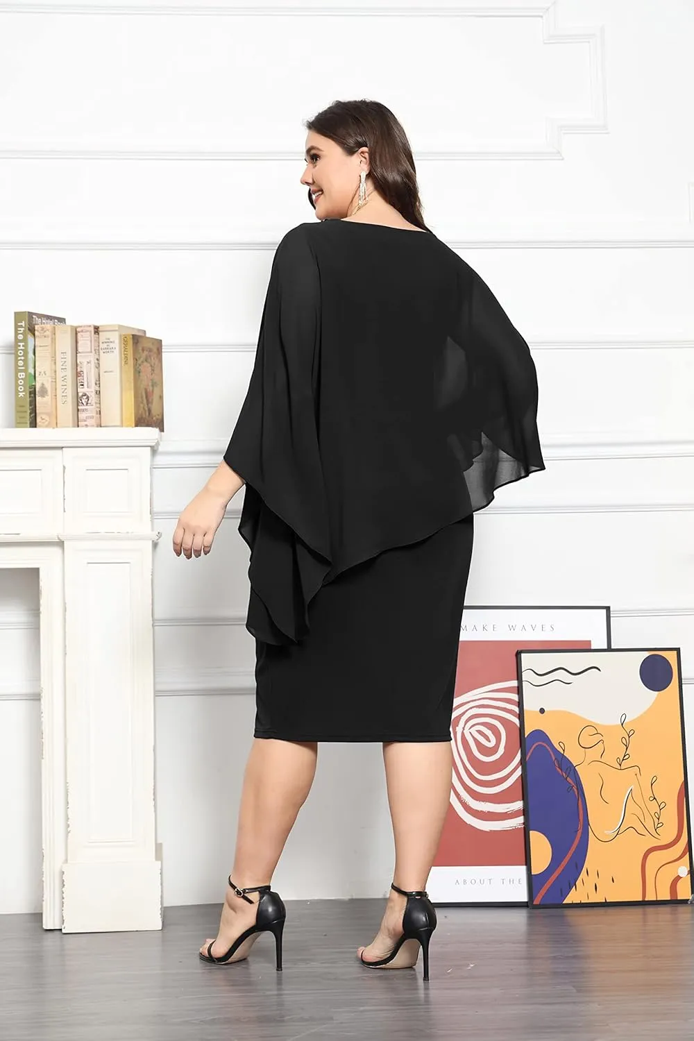 KIMCURVY Plus Size Cape Dress for Women Pencil Dress with Chiffon Overlay Wedding Cocktail Party Midi Dress