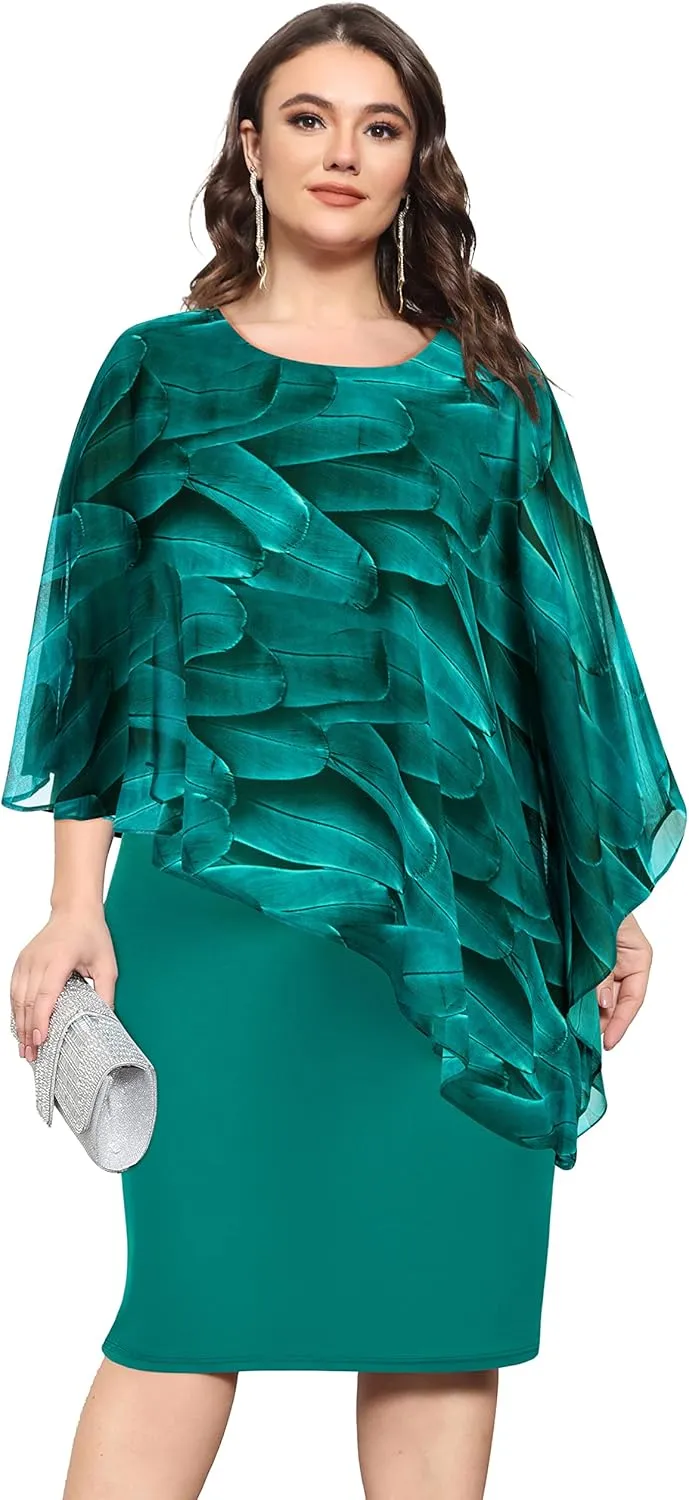 KIMCURVY Plus Size Cape Dress for Women Pencil Dress with Chiffon Overlay Wedding Cocktail Party Midi Dress
