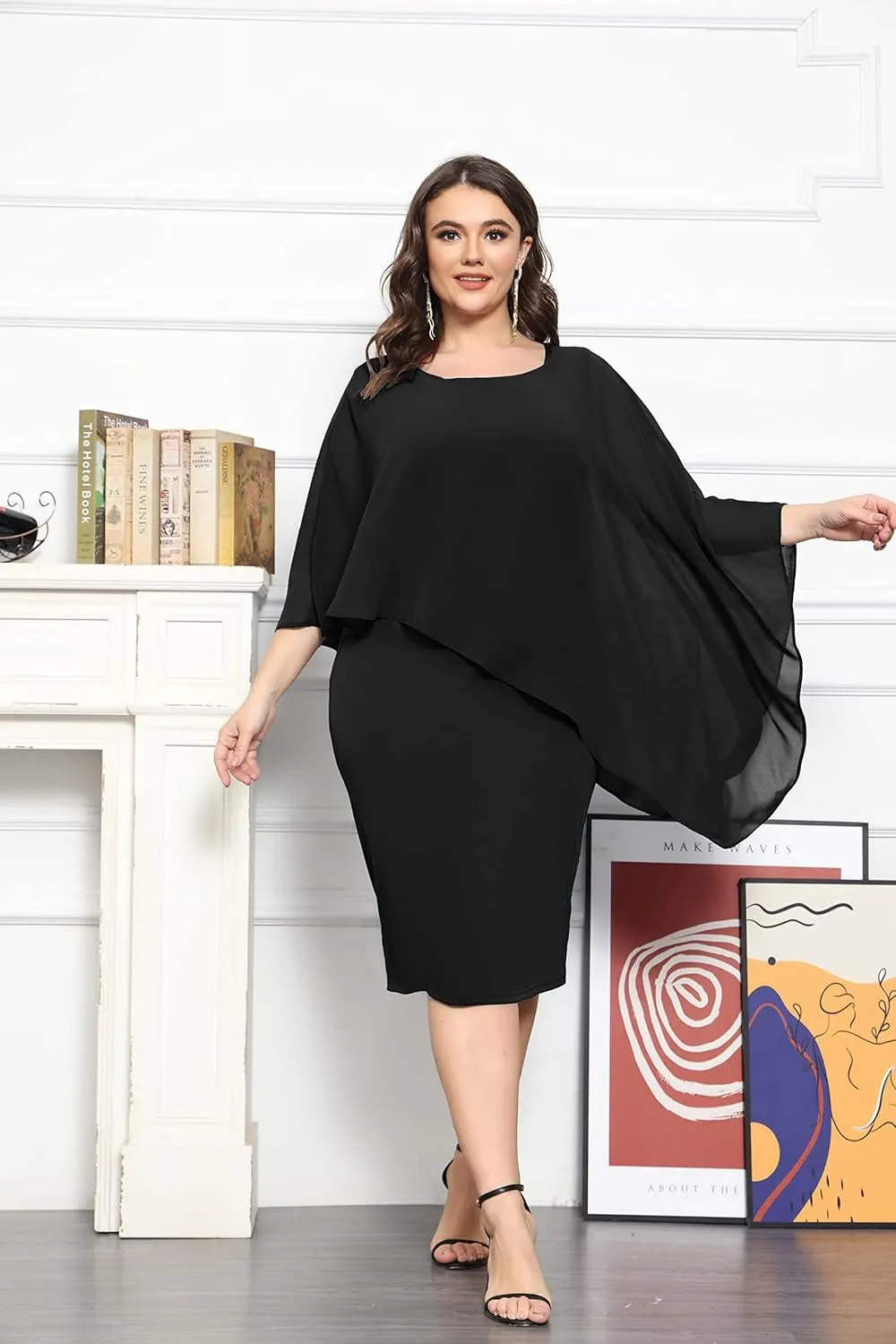 KIMCURVY Plus Size Cape Dress for Women Pencil Dress with Chiffon Overlay Wedding Cocktail Party Midi Dress