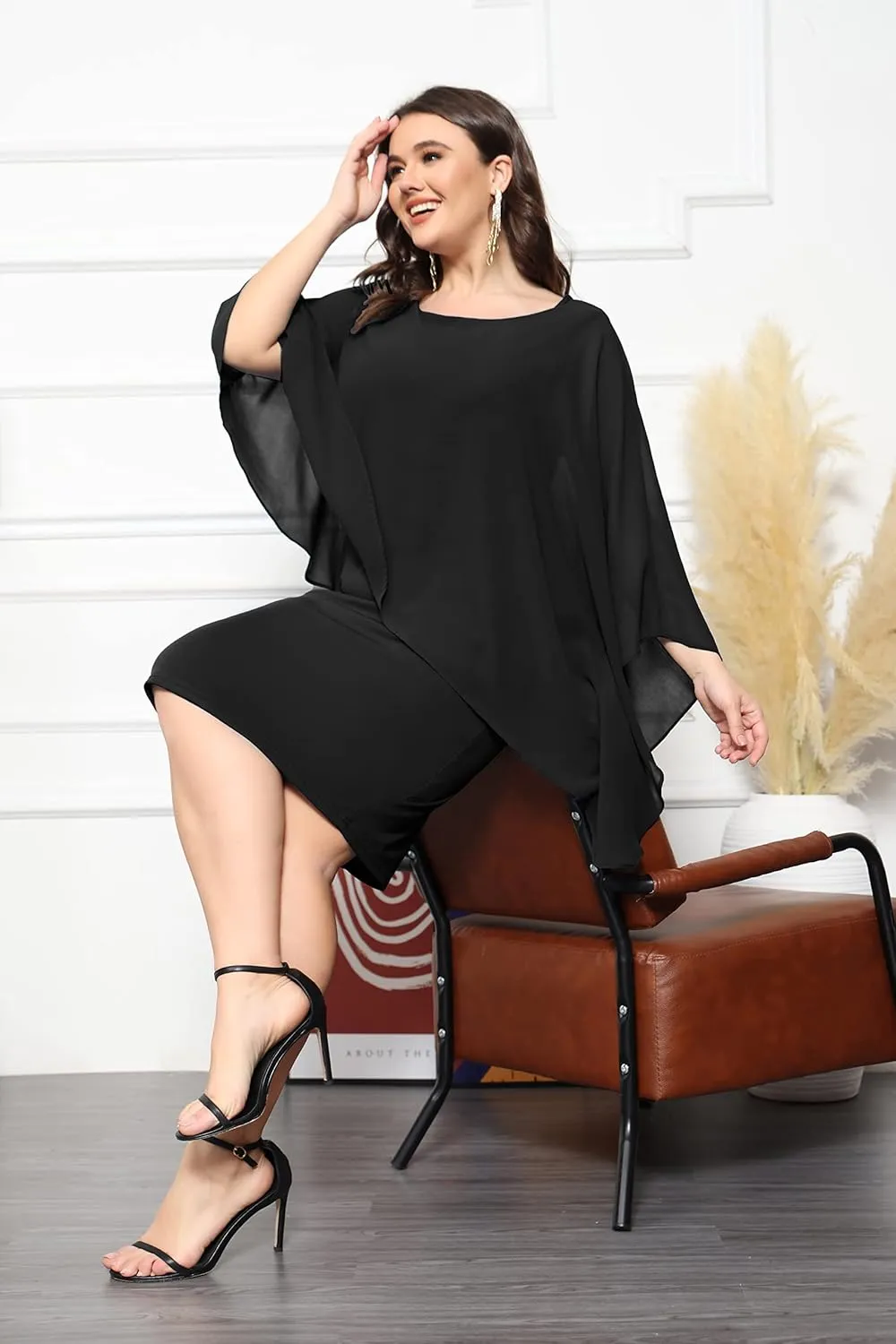 KIMCURVY Plus Size Cape Dress for Women Pencil Dress with Chiffon Overlay Wedding Cocktail Party Midi Dress
