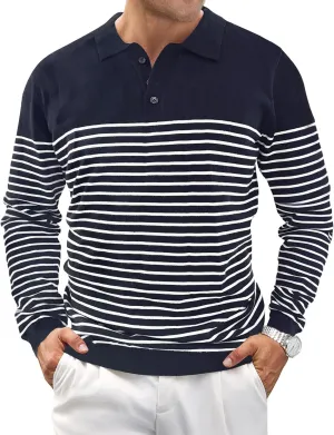 Knit Sweater for Men Long Sleeve Polo Shirt Striped Casual Golf Shirts