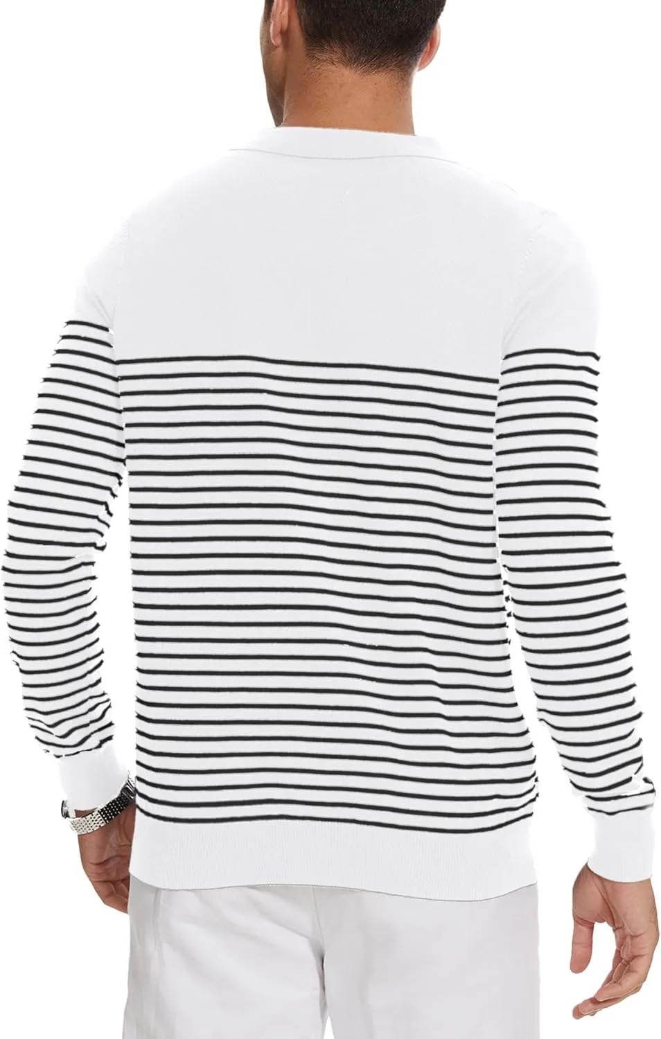 Knit Sweater for Men Long Sleeve Polo Shirt Striped Casual Golf Shirts
