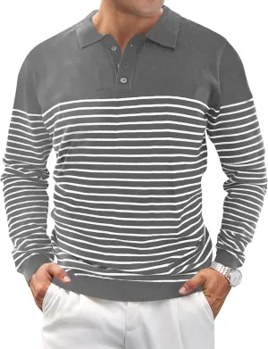 Knit Sweater for Men Long Sleeve Polo Shirt Striped Casual Golf Shirts