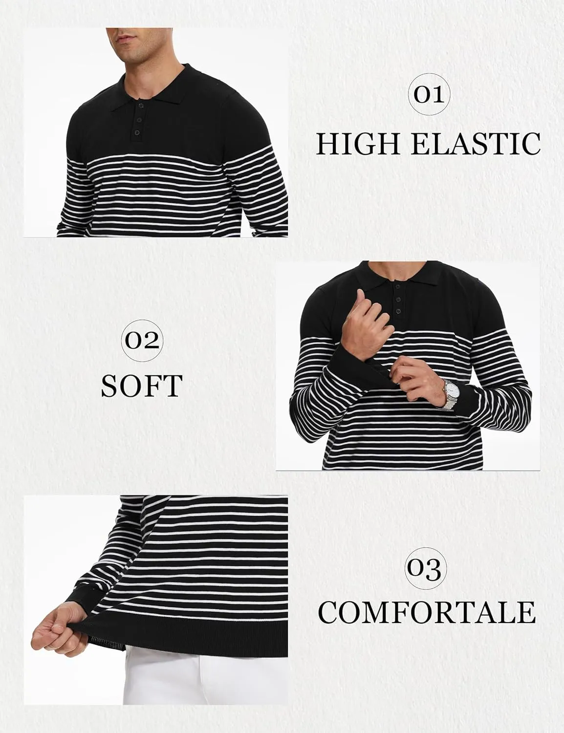 Knit Sweater for Men Long Sleeve Polo Shirt Striped Casual Golf Shirts