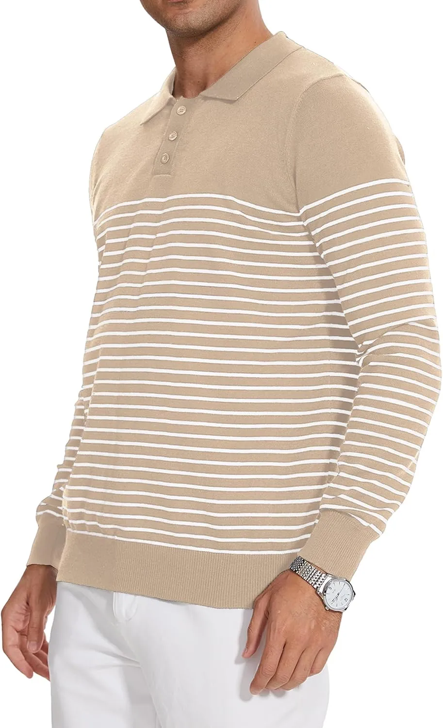 Knit Sweater for Men Long Sleeve Polo Shirt Striped Casual Golf Shirts