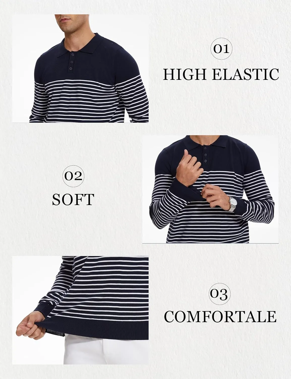Knit Sweater for Men Long Sleeve Polo Shirt Striped Casual Golf Shirts