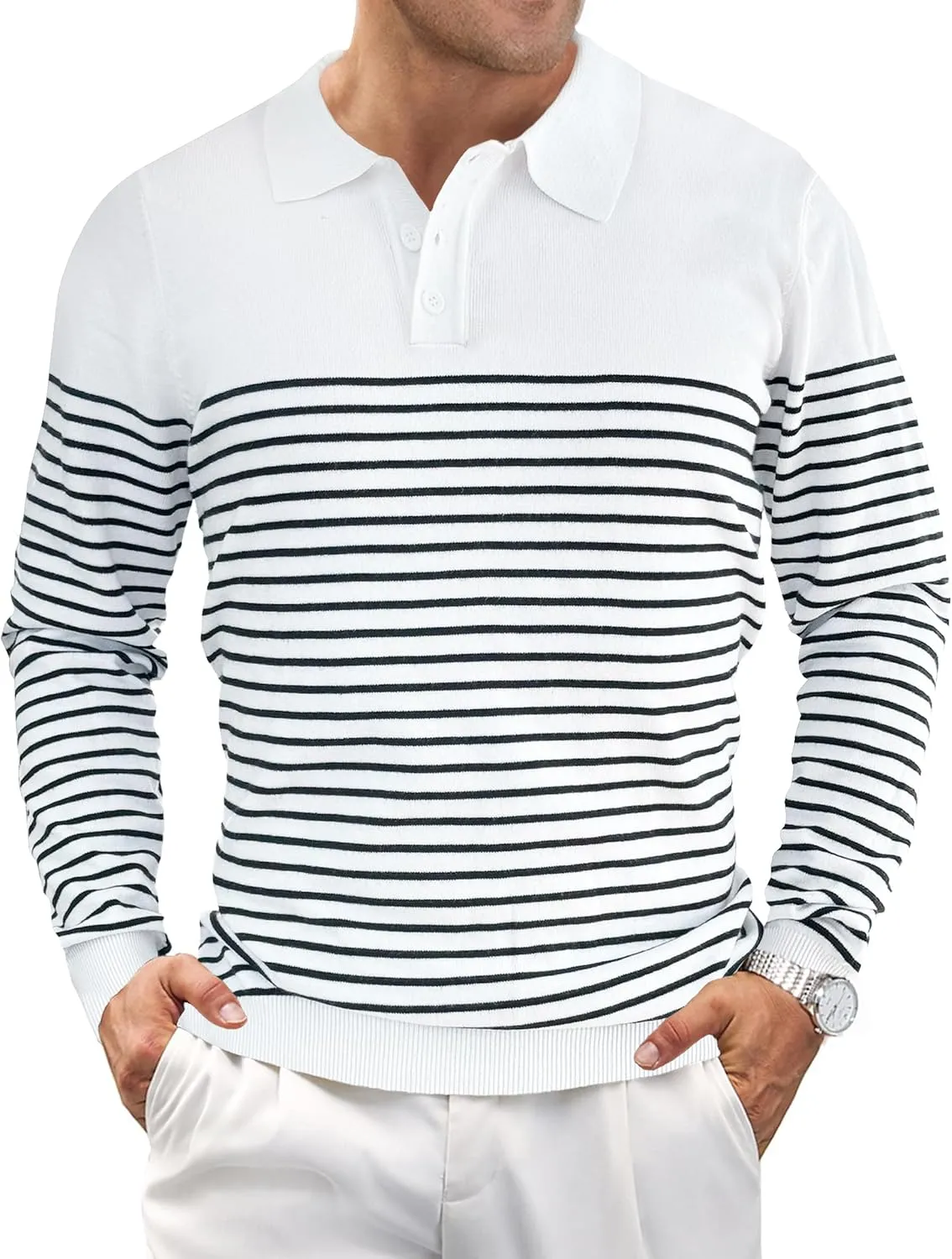 Knit Sweater for Men Long Sleeve Polo Shirt Striped Casual Golf Shirts