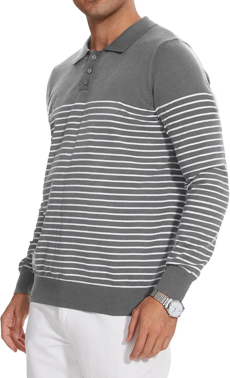 Knit Sweater for Men Long Sleeve Polo Shirt Striped Casual Golf Shirts