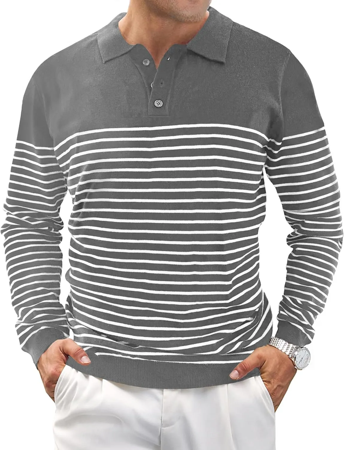 Knit Sweater for Men Long Sleeve Polo Shirt Striped Casual Golf Shirts