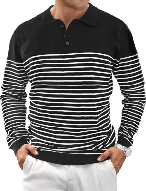 Knit Sweater for Men Long Sleeve Polo Shirt Striped Casual Golf Shirts