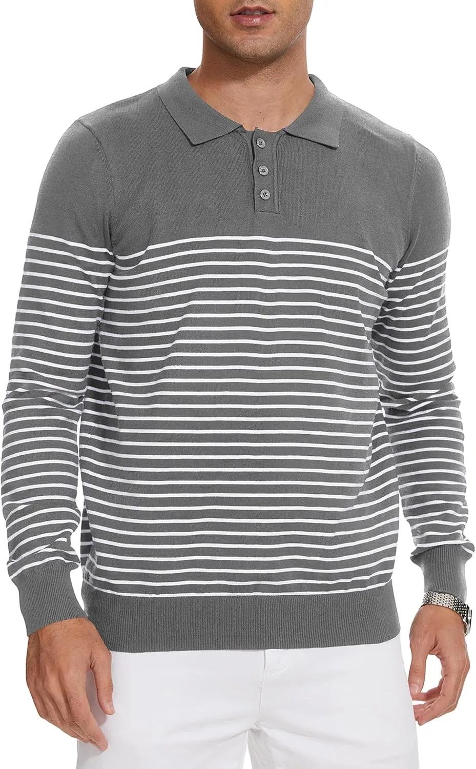Knit Sweater for Men Long Sleeve Polo Shirt Striped Casual Golf Shirts
