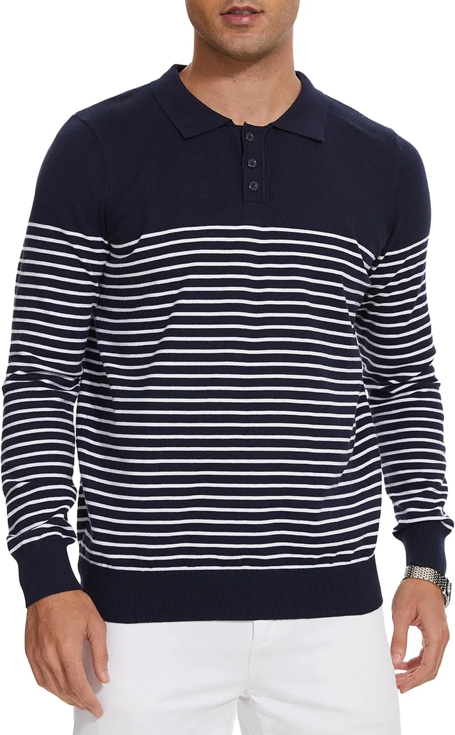 Knit Sweater for Men Long Sleeve Polo Shirt Striped Casual Golf Shirts