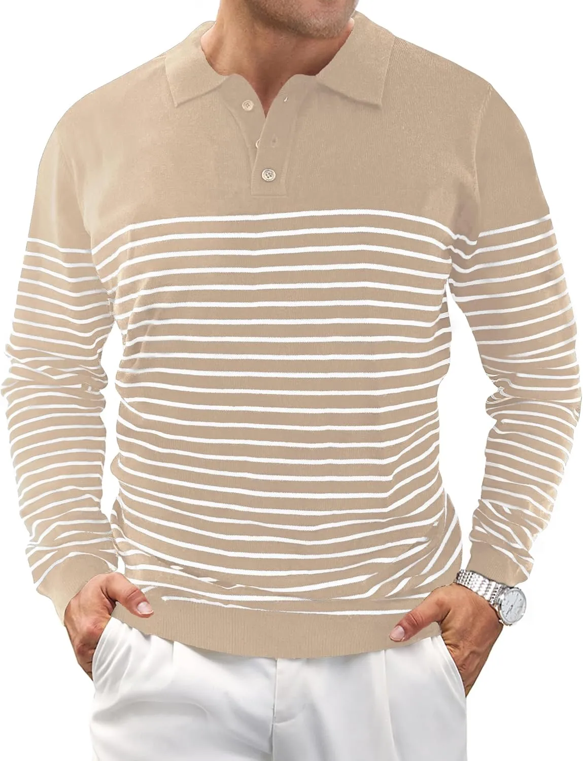 Knit Sweater for Men Long Sleeve Polo Shirt Striped Casual Golf Shirts