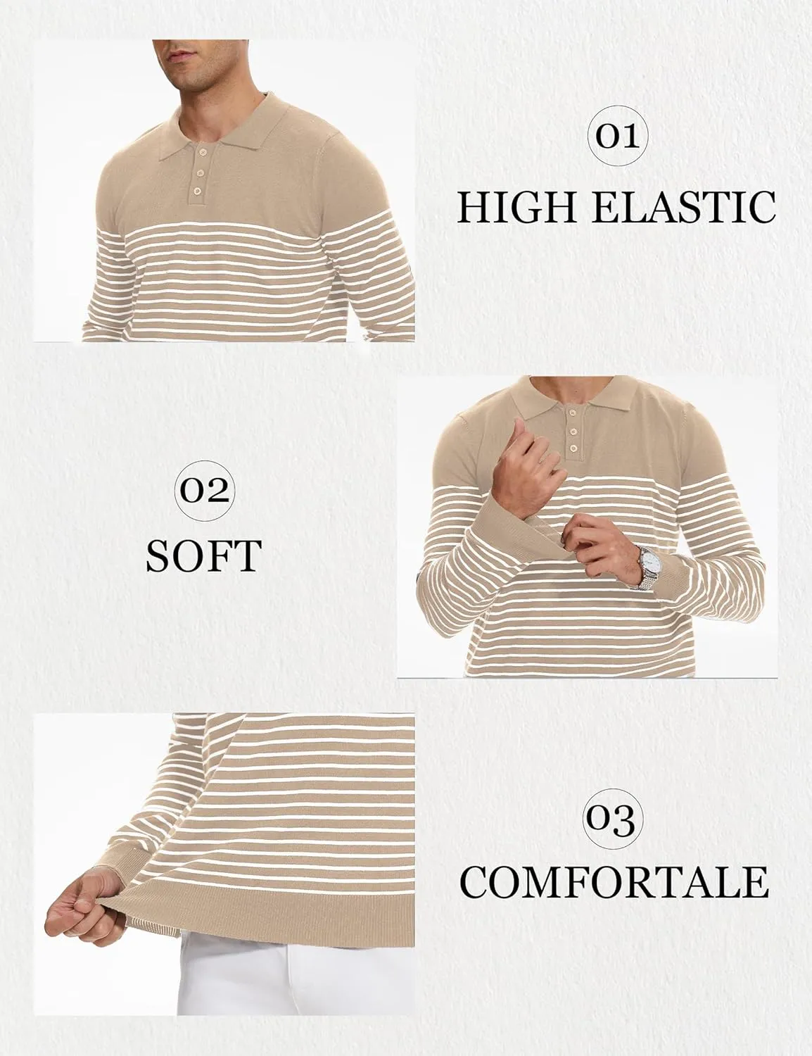 Knit Sweater for Men Long Sleeve Polo Shirt Striped Casual Golf Shirts