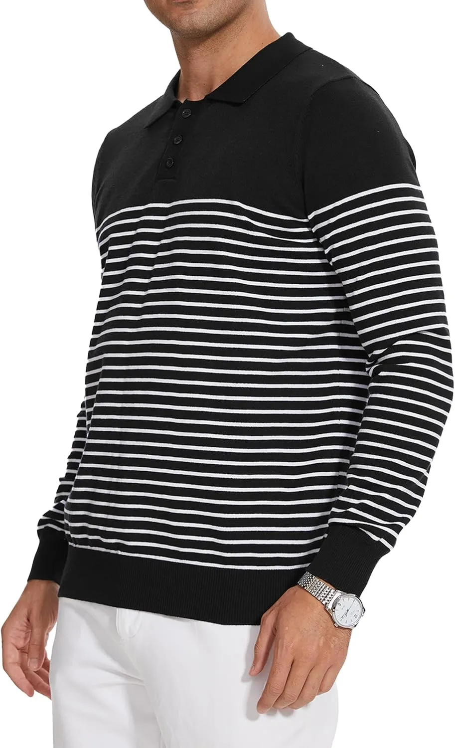 Knit Sweater for Men Long Sleeve Polo Shirt Striped Casual Golf Shirts