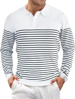Knit Sweater for Men Long Sleeve Polo Shirt Striped Casual Golf Shirts