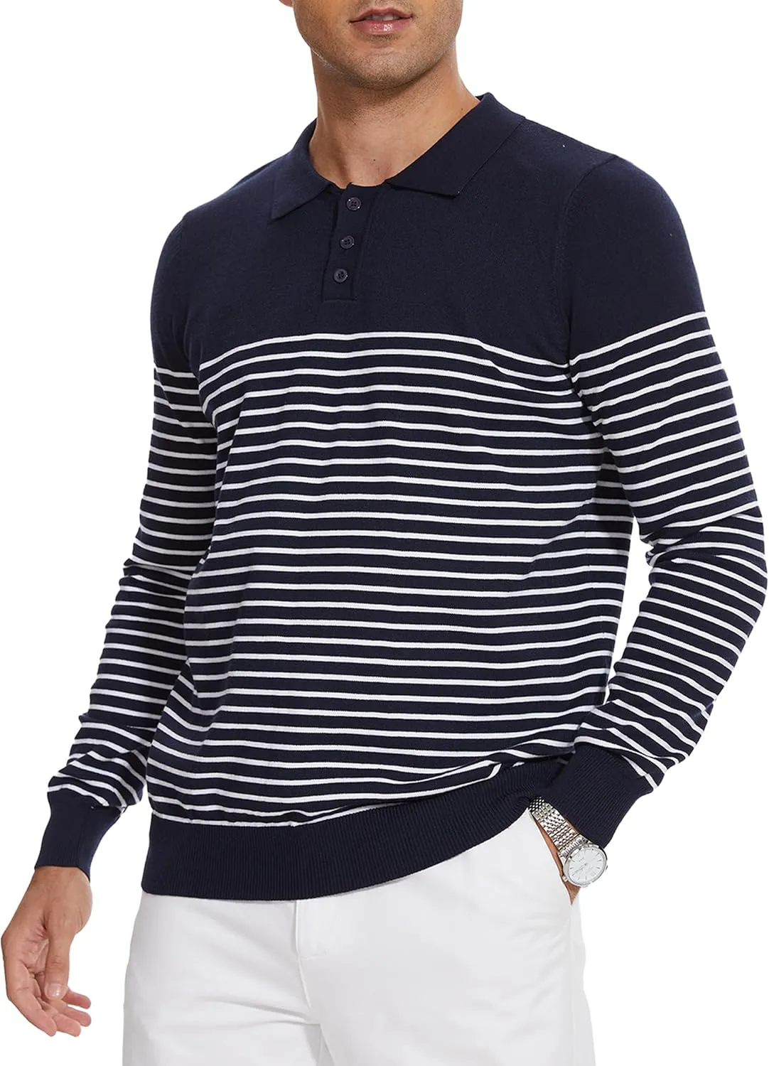 Knit Sweater for Men Long Sleeve Polo Shirt Striped Casual Golf Shirts