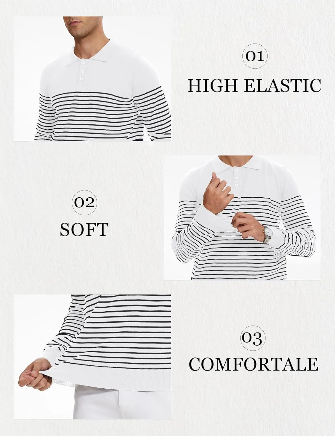 Knit Sweater for Men Long Sleeve Polo Shirt Striped Casual Golf Shirts