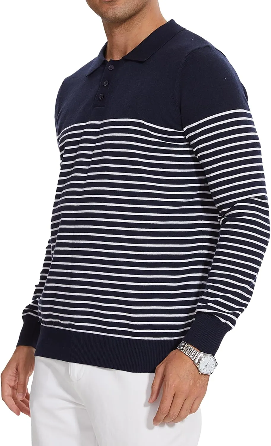Knit Sweater for Men Long Sleeve Polo Shirt Striped Casual Golf Shirts