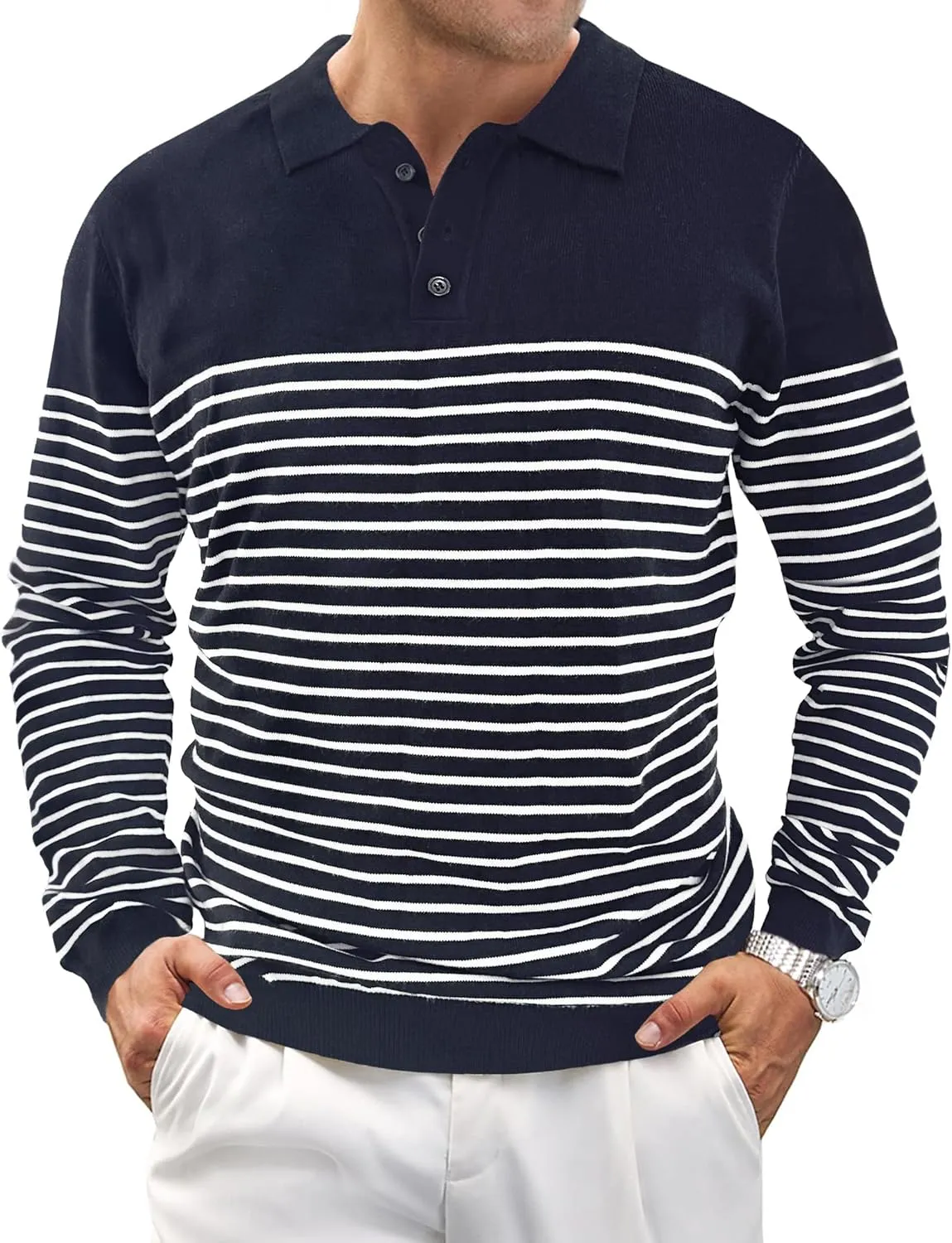 Knit Sweater for Men Long Sleeve Polo Shirt Striped Casual Golf Shirts