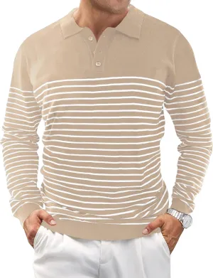 Knit Sweater for Men Long Sleeve Polo Shirt Striped Casual Golf Shirts