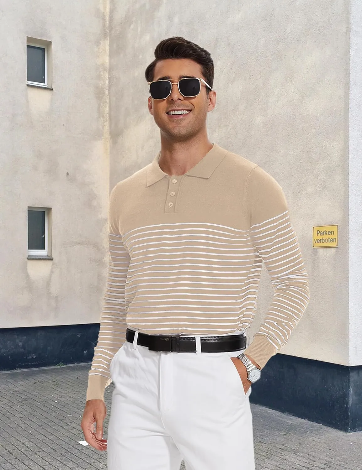 Knit Sweater for Men Long Sleeve Polo Shirt Striped Casual Golf Shirts