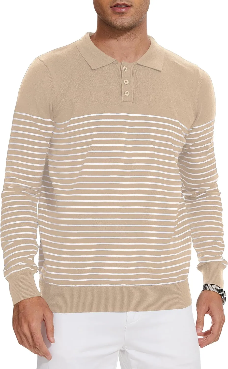 Knit Sweater for Men Long Sleeve Polo Shirt Striped Casual Golf Shirts