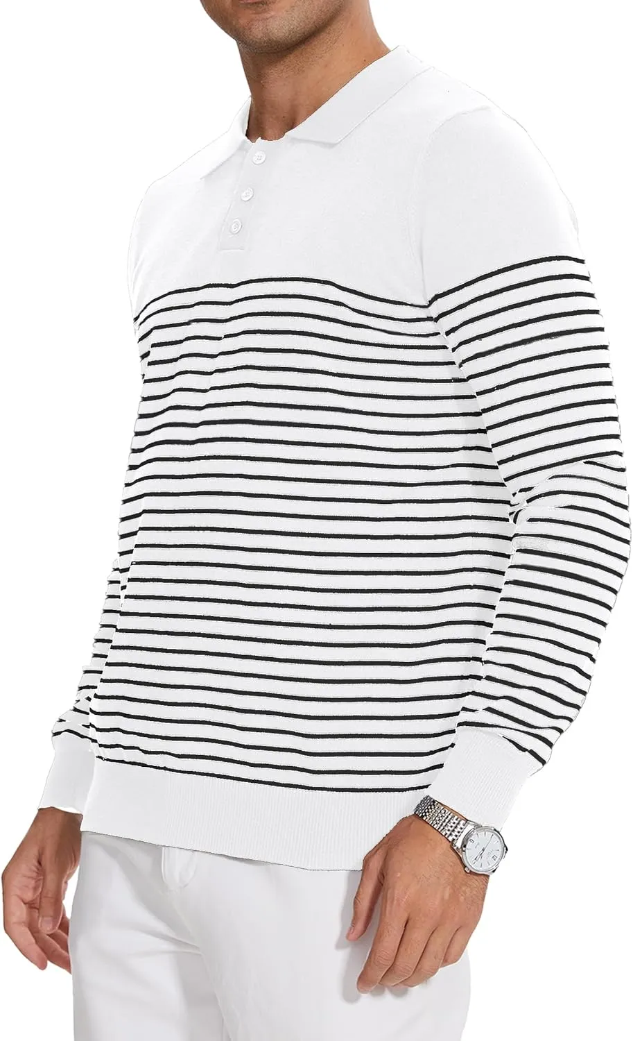 Knit Sweater for Men Long Sleeve Polo Shirt Striped Casual Golf Shirts