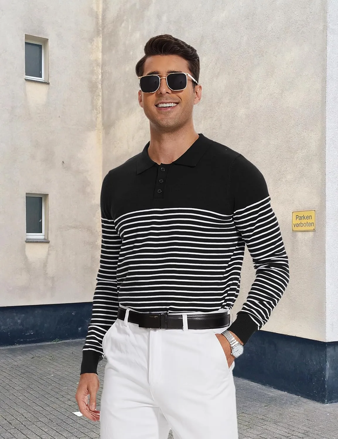 Knit Sweater for Men Long Sleeve Polo Shirt Striped Casual Golf Shirts