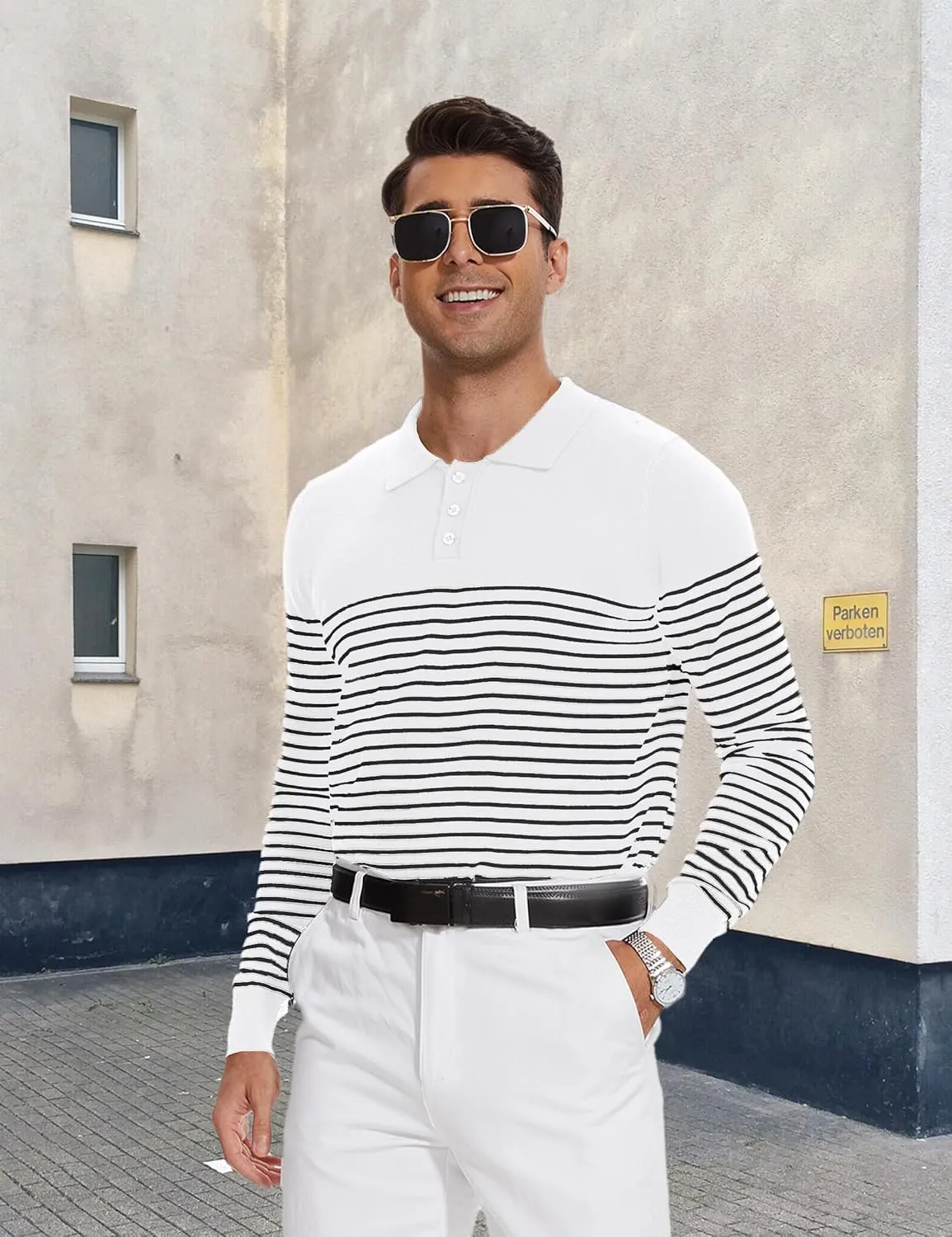 Knit Sweater for Men Long Sleeve Polo Shirt Striped Casual Golf Shirts