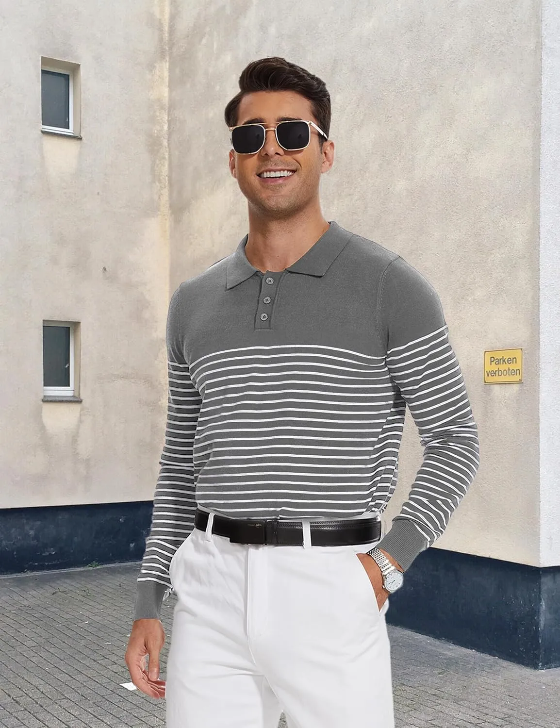 Knit Sweater for Men Long Sleeve Polo Shirt Striped Casual Golf Shirts