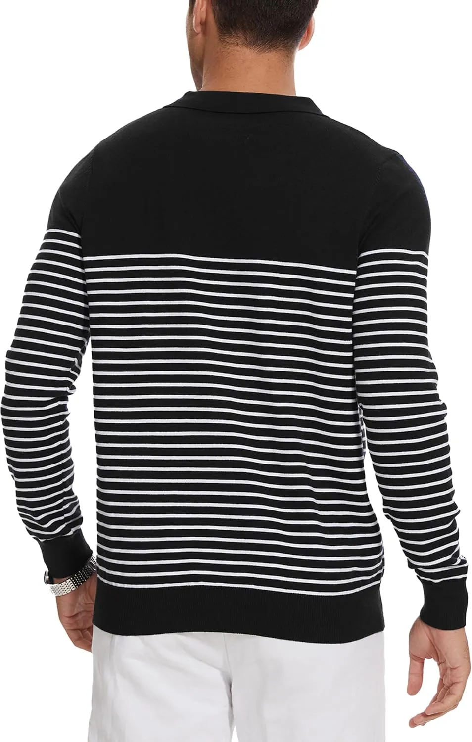 Knit Sweater for Men Long Sleeve Polo Shirt Striped Casual Golf Shirts